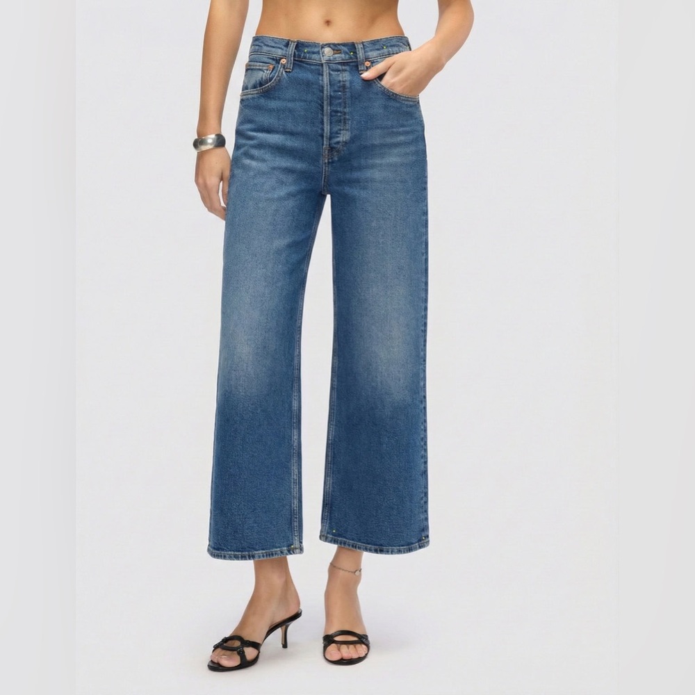 Re/Done Comfort Stretch High Rise Wide Leg Crop Jeans - Size 30